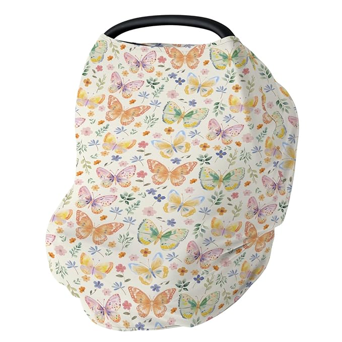 Watercolor Butterflies Spring Floral Baby Car Seat Covers Pastel Flowers Leaves Stretchy 5-in-1 Cover Adjustable Infant Carseat Canopy Cover Easter Garden Breathable Nursing Cover-Up Yellow