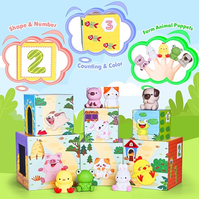 ShyLizard Toddler Farm Animal Sorting and Stacking Toys, Nesting Boxes and Blocks With Finger Puppets - Gifts for 1-3 Year Olds