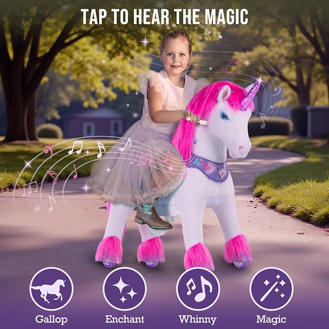 PonyCycle Ride on Unicorn Riding Unicorn Pink Toys Advanced Model Y Plush Animal (28.7" Height/Size 3 for Kids Ages 3–4) Indoor Outdoor Riding Horse, No Electricity Birthday Gift for Kids Y352