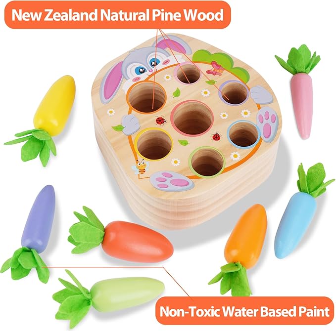 KMTJT Montessori Toys for 1 2 3 Year Old Toddlers, Rabbit Carrot Harvest Game Wooden Toys for 6-12 Months Baby Boys and Girls, Shape Sorting Matching 1st Birthday Easter Gifts for Babies 1-3 (Macron)