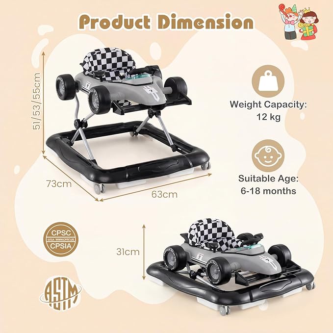 HONEY JOY Baby Walker, 4-in-1 Foldable Infant Activity Push Walker, Toddler Car Walker with Adjustable Heights, Music, Lights, Padded Seat, Baby Walker with Wheels for Boys Girls 6-18 Months (Gray)