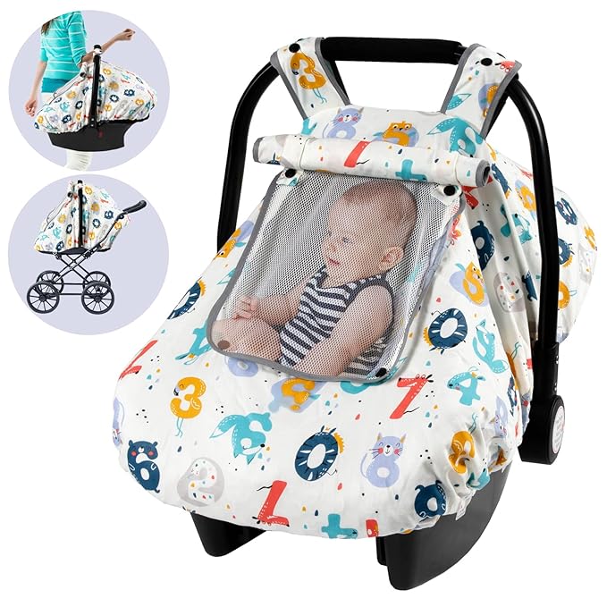 SMTTW Baby Car Seat Cover - Universal Fit, Snug, Breathable, Canopy for Boys/Girls, Ideal for All Seasons (Numbers)