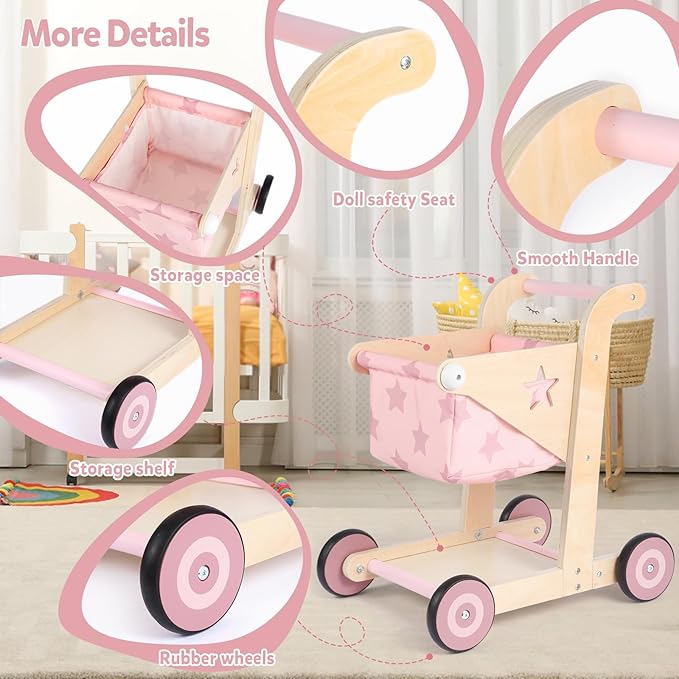 Asweets 2 in 1 Wooden Baby Walker Push and Pull Doll Stroller, Shopping Cart Learning Walker for Boys and Girls, Sit Stand Learning Toddler Toy (Pink)