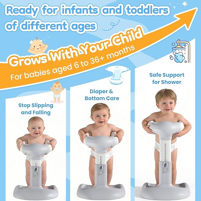 Upgraded Baby Shower Stand with Anti-Pinch Silicone & Anti-Slip Base, Adjustable Height Baby Bath Standing Support, Soporte para Bañera de Bebé Assist Holder for 6-36 Months Toddler, Ideal Gift, Gray