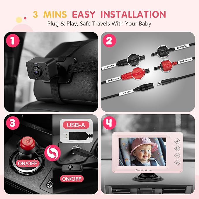 S100P Baby Car Camera with Ultra Night Vision, 5'' HD 1080P IPS Baby Car Monitor with 3X Zoom, Backseat/Carseat/Rear Seat Camera USB, Easy No-Damage Install, Safety for Infants and Pets (5 inch Pink)