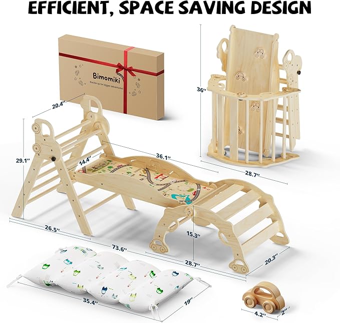 Pikler Triangle Climbing Set with Cushion, Foldable Climbing Toys Indoor, Montessori Toddler Gym, 10-in-1 Climber & Playground, Gift for Christmas, Birthday, New Year (Woodland Cabin)