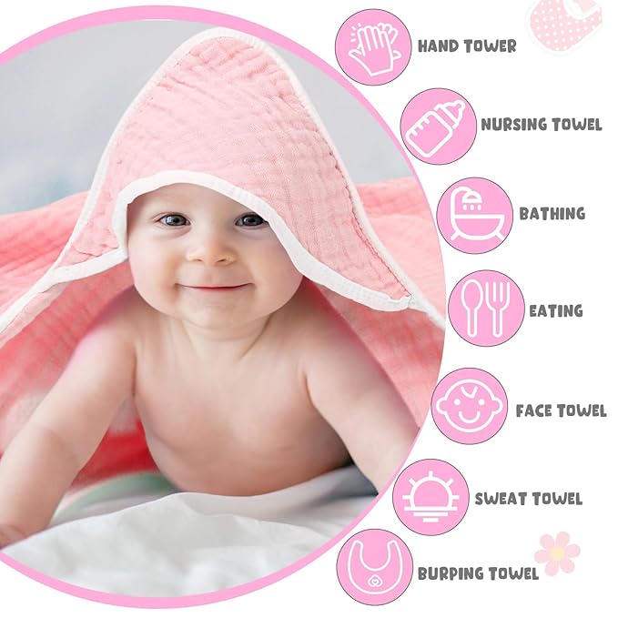 Peryiter 8 Pack Baby Bath Towels and Wash Cloth Set Muslin Hooded Soft 100% Cotton Baby Hooded Bath Towel Absorbent Towels Cloths for Babies, Infant, Toddler and Kids Newborn(Pink Series)