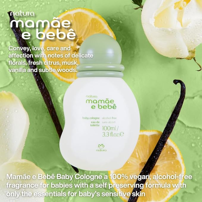 Natura - Mamãe e Bebê Mom & Baby Cologne | Gentle Fresh Scent for Babies | Alcohol-Free, Hypoallergenic, Pediatrician Tested, Vegan & Safe Daily Use – 3.4 fl oz (100 ml)