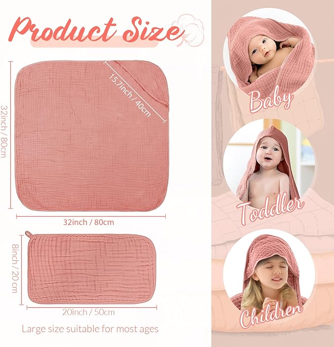 VitalCozy 12 Pcs Baby Muslin Hooded Bath Towels and Washcloths, Muslin Hooded Baby Towels Absorbent Blankets for Gift Newborn Infant Shower (Pink Beige Series)