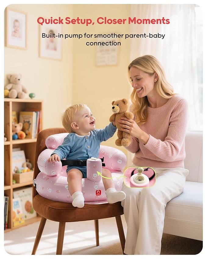 QPAU Inflatable Baby Seat with Safety Harness for Babies 3 Months & Up, Baby Floor Seats for Active Play, Blow Up Baby Chair with Built in Air Pump (Pink Rabbit)