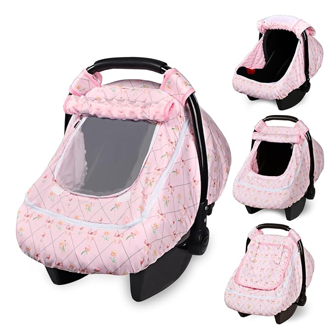 Car Seat Cover Baby Girls, Infant Carseat Covers with Mesh, Dual-Layer Protection for Summer Winter, Easy Access Newborn Canopy Breathable, Windproof & Fit Baby Stroller, Flower Bow