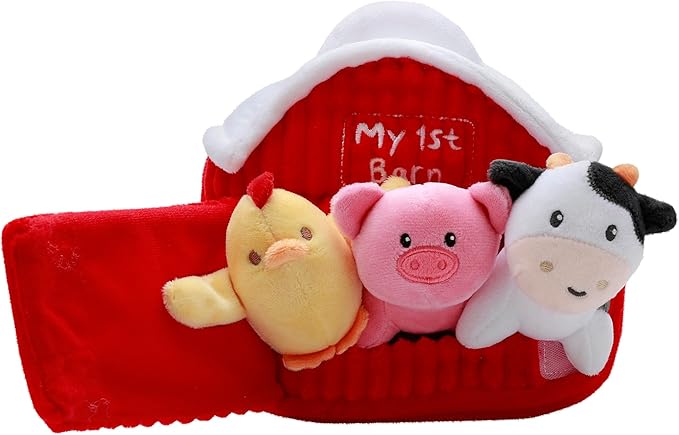 4 Piece Plush My First Barn Play Set with Sensory Toys for Baby, Red Farm Animals, 6 inch, Chicken, Pig, Cow