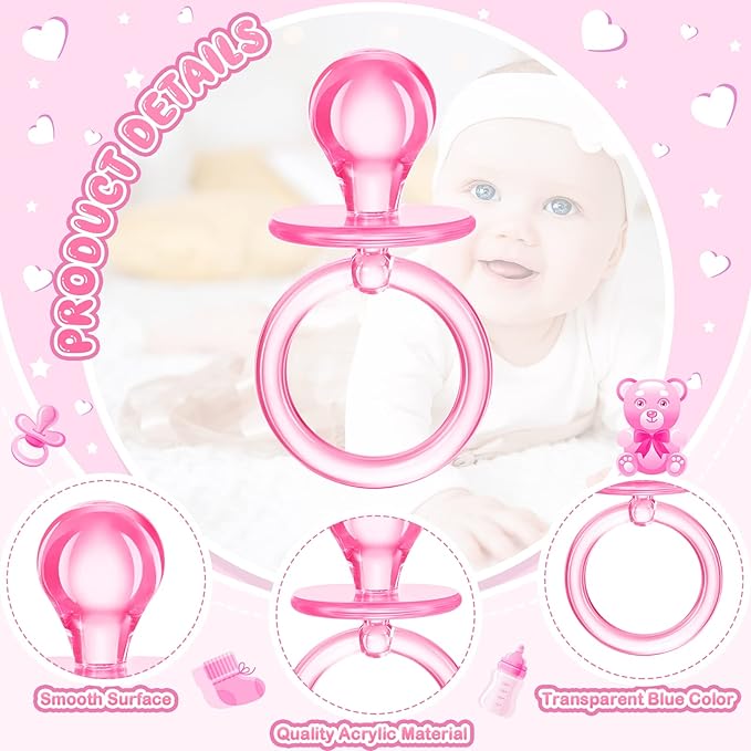 Coume 100 Pcs 2.5 Inch Baby Shower Pacifiers Acrylic Mini Baby Pacifiers Gifts Gender Reveal Party Favors for Gender Neutral Game Birthday Supplies(Pink)