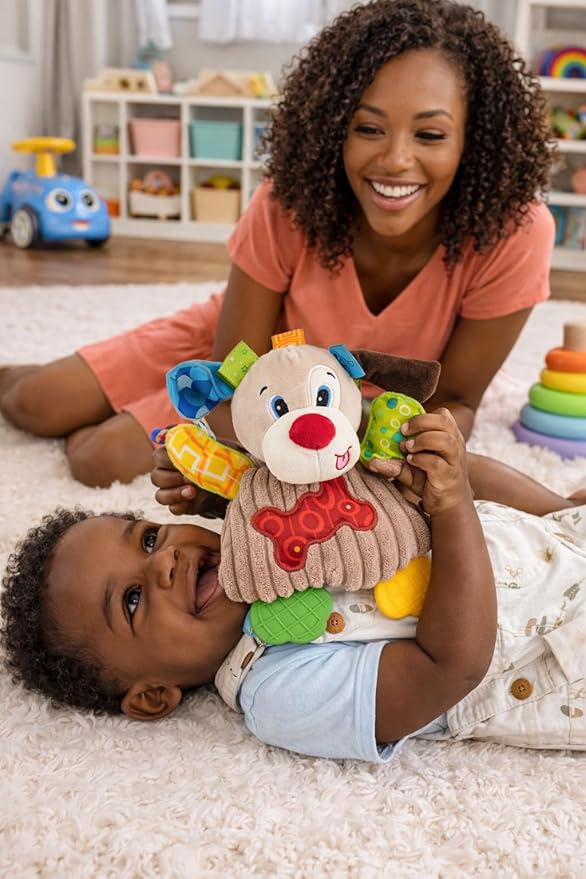 Balibazoo Crinkle Puppy Pedro Soft Plush Sensory Toy for Babies 0-18M | Crinkle Sounds, BPA-Free Silicone Teether Legs & Textured Tags | Developmental Activity Toy for Newborns & Infants | Gift