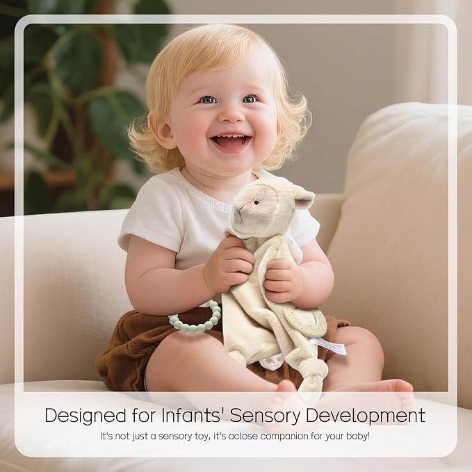 Loveys for Babies, Lovey Including Silicone Teether, Soft Stuffed Animals Security Blanket, Baby Snuggle Toy, for Newborn Boys and Girls(Cute Lamb)