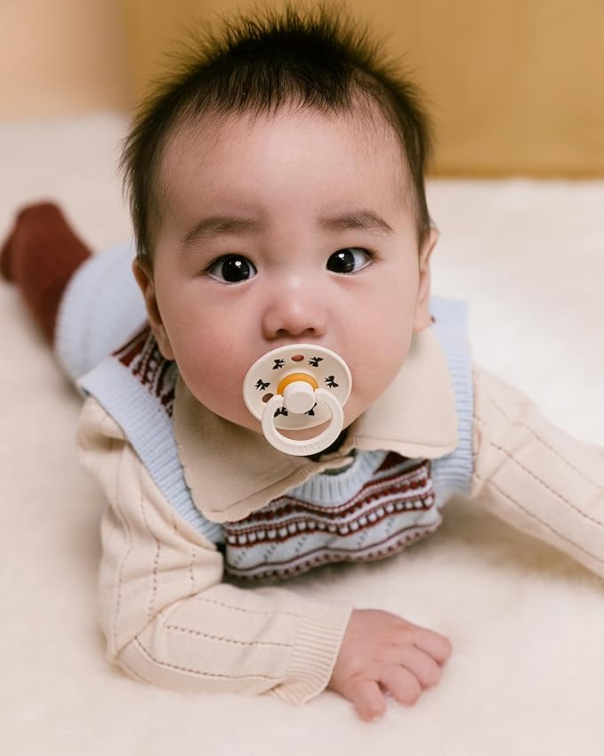 BIBS Colour Holiday Pacifier 2-Pack, BPA Free Pacifier, Round Nipple. Natural Rubber Latex, Made in Denmark, Size 2 (6-18 Months), Ivory/Plum