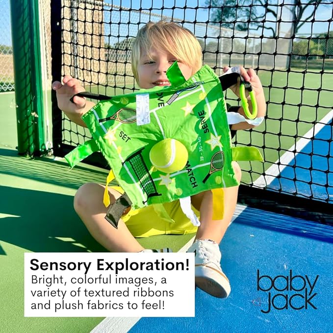 Baby Jack & Co 10x10” Tennis Sports Lovey Sensory Plush Blanket - Tag Toys for Babies - Baby Stroller Toys - Learn Shapes, Letters & Colors - Perfect MVP Baby Toy & Baby Sports Gift w/Stroller Clip