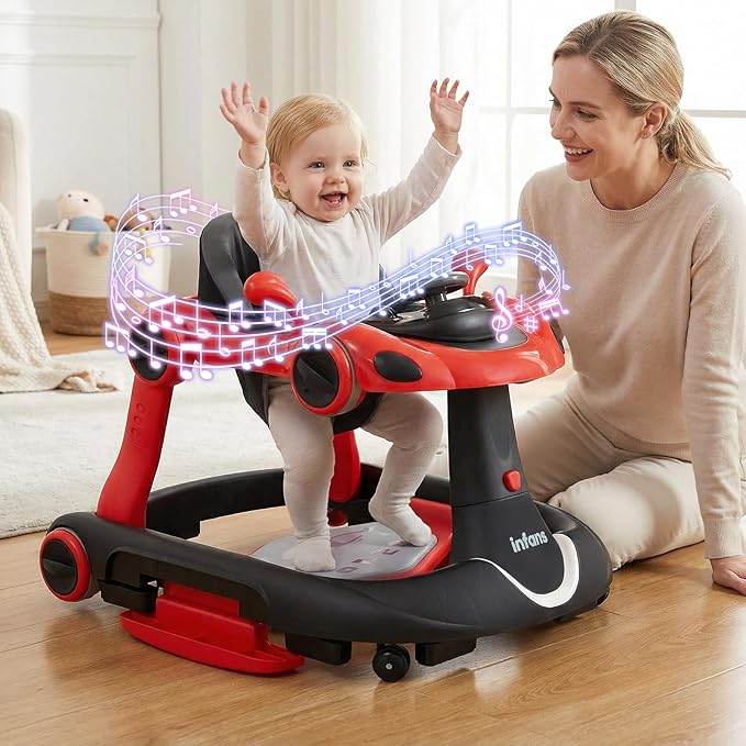 INFANS 6-in-1 Foldable Baby Walker, Converts Push Car to Bouncer, Rocker with Music, Lights, Adjustable Height & Speed, Activity Center, Canopy for 7-18 Months (Red)