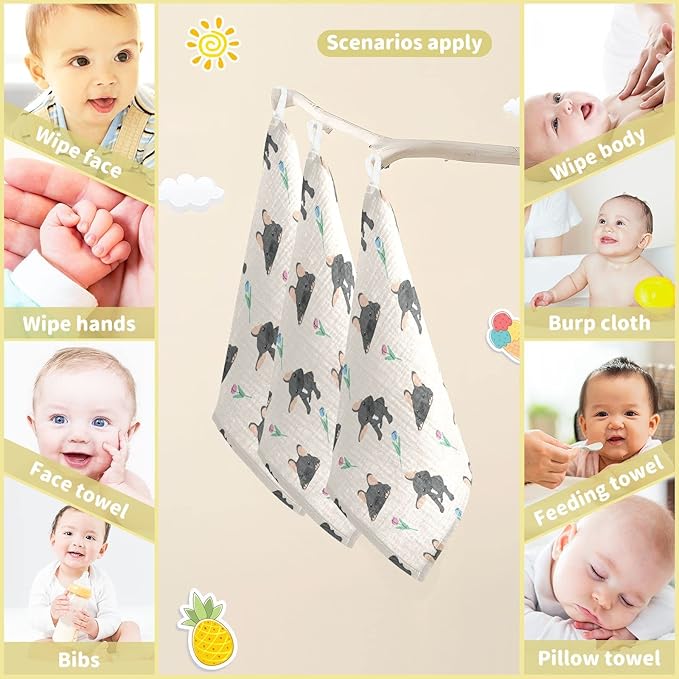 vvfelixl Baby Cotton Washcloths Black French Bulldog Infants Bath Towel for Unisex Face Towels for Newborn, Natural Baby Wipes Delicate Skin, 11.8 X 11.8 inch, one sizex3