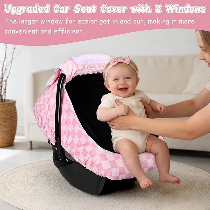 Baby Car Seat Cover with Mesh Window, Windproof Carseat Cover for Infant Girls, Infant Carseat Canopy with with Dual Zipper, Compatible with Most Baby Car Seat, Pink Checkered