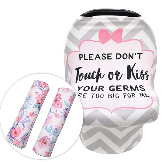 Baby Car Seat Cover & Stroller Seat Strap Covers Boys and Girls, No Touching Sign Canopy and Car Seat Straps Shoulder Pads, Multiuse Nursing Covers for Breastfeeding, Seat Belt Protectors for Kids