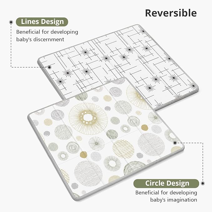 Foldable Baby Play Mat, PIGLOG 50x50 Playpen Mat, Safe Foam Playmat for Tummy Time, Waterproof Playmats for Babies and Toddlers Kids, Reversible Portable Floor Mat for Infant, Circles + Stripes