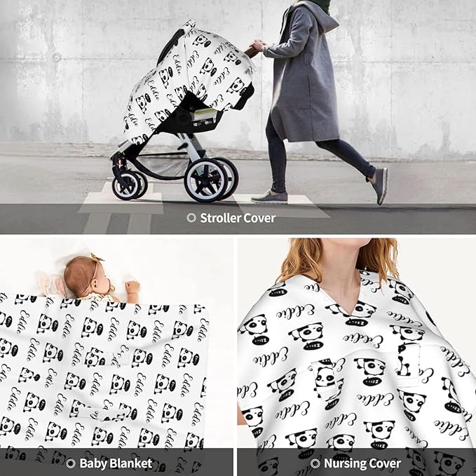 Personalized Baby Car Seats Canopy for Babies with Name, Custom Multi-use Covers for Baby Boys Girls, Cute Little Panda Minky Nursing Breastfeeding Stroller Cover Canopies for Newborn Infant