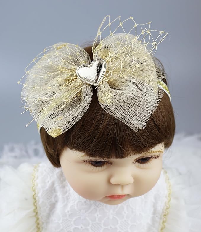 Bethynas baby girls Lace Bowknot Headband Gauze Bow Elastic Toddlers Hairband Birthday Party Princess Crown Heart Hair Accessories for Newborn Infant Baby (Gold)