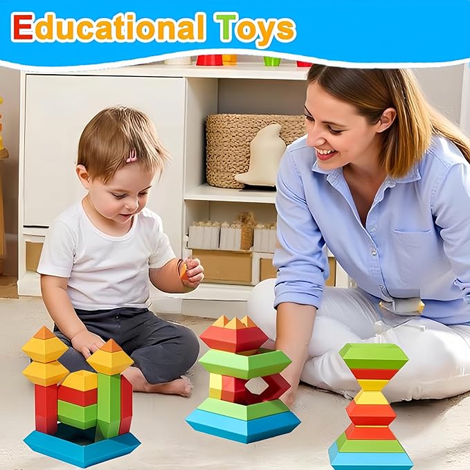 48 PCS Building Block Stacking Toys Kids 3 4 5 6 Year Old, Educational STEM Toys for Boys Girls, Developmental Learning Sensory Gifts for Birthdays
