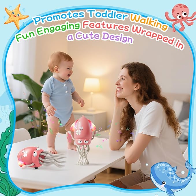 Crawling Dancing Octopus Toy for Kids – Rechargeable Interactive Sensory Toy with LED Lights & Music,Fun Tummy Time Gift for Birthdays & Holidays (Pink)
