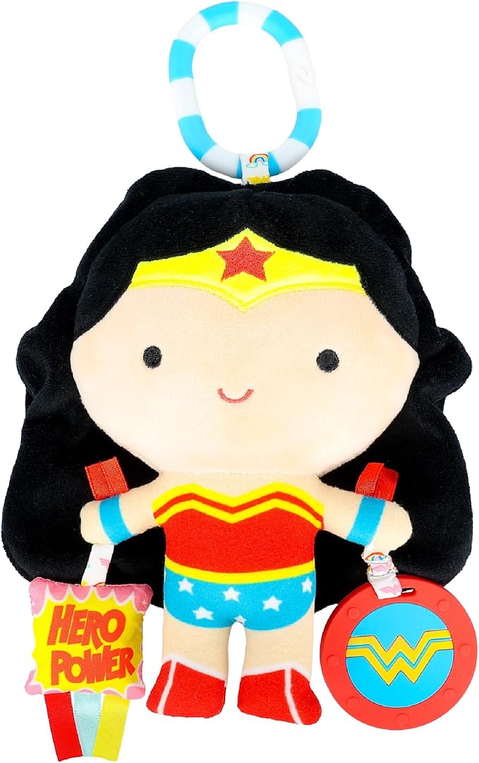 Kids Preferred DC Comics Wonder Woman Multi Sensory Activity Toy with Teethers, Crinkle Textures, and Clip for On The Go Fun for Infant and Baby Boys and Girls Medium