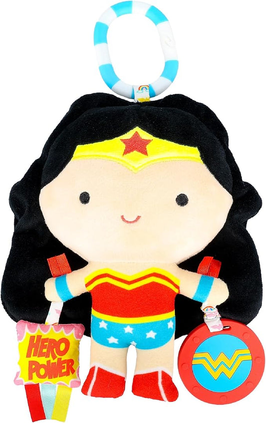 Kids Preferred DC Comics Wonder Woman Multi Sensory Activity Toy with Teethers, Crinkle Textures, and Clip for On The Go Fun for Infant and Baby Boys and Girls Medium