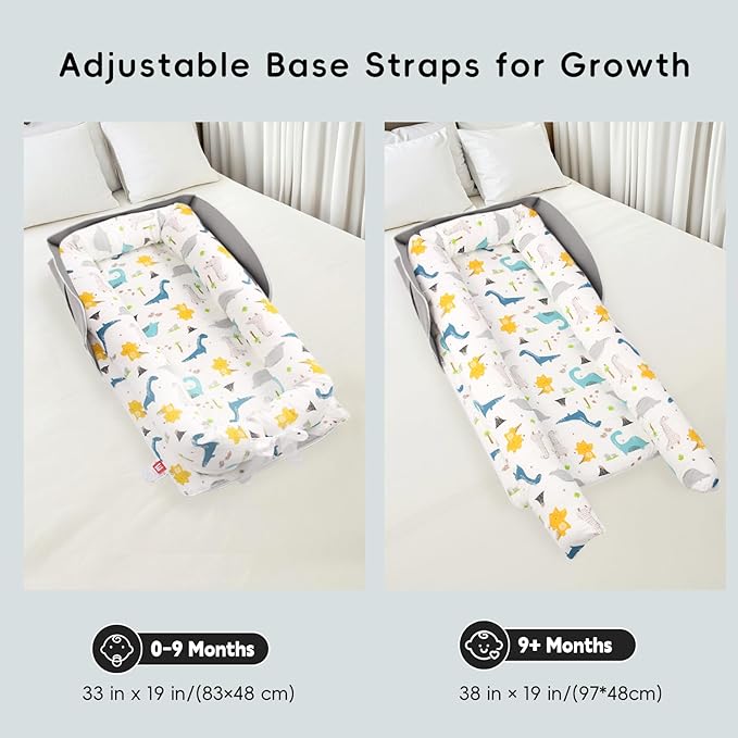 Portable Baby Lounger, Soft Baby Nest Cover Breathable Cotton Fabric, Adjustable Infant Lounger for Baby, Adjustable Size and Strong Zipper, Extended Space for Newborn 0-24 Months, Dinosaur