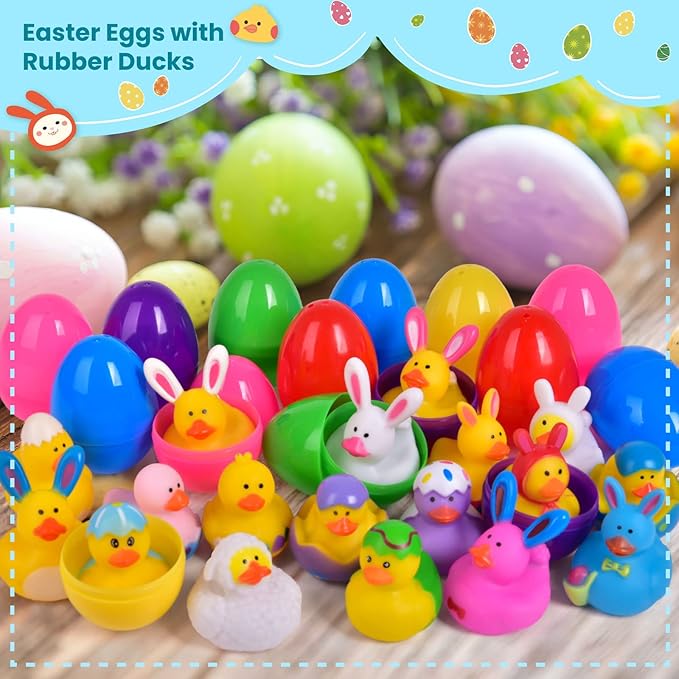 18 Pcs Prefilled Easter Eggs with Rubber Duck Toys for Kids, Bright Colorful Easter Eggs Filled with Assorted Bunny Rabbit Duckies for Fun Bath Toys, Easter Basket Stuffers and Party Favors