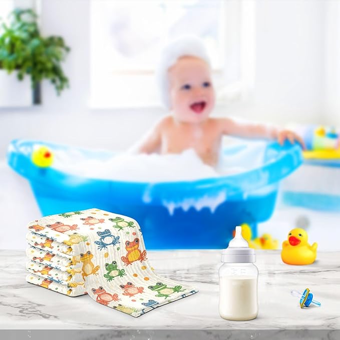 Cute Frogs Baby Washcloths Newborn Muslin Burp Cloths 3 Pack Soft Cotton Baby Face Bath Towel Drool Bibs for Infants, Girls and Boys 11.8 x 11.8 Inch