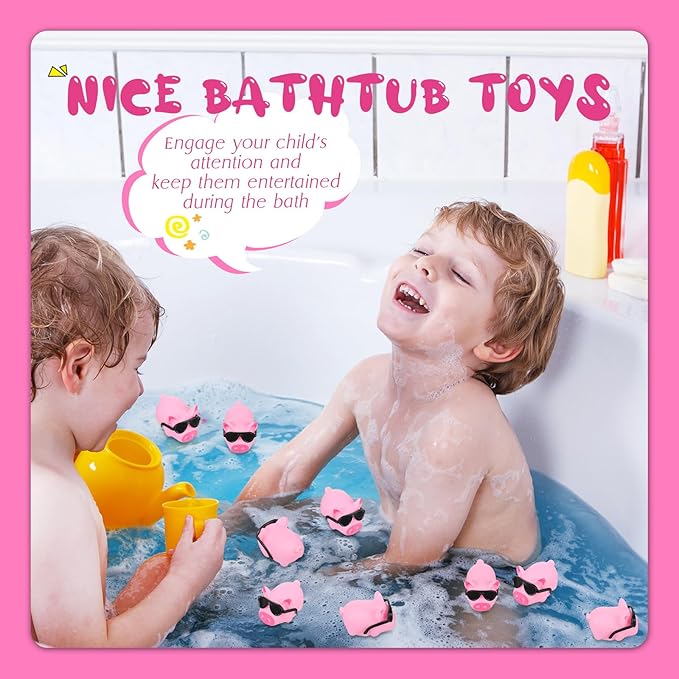 Liliful 200 Sets Mini Rubber Pig Bath Toy with Sunglasses Pink Float and Squeak Pig Bathtub Toys for Baby Shower Halloween Christmas Birthday Party Supplies