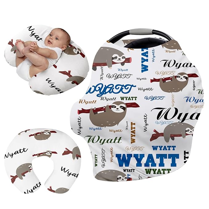 Personalised 7 in 1 Car Seat Cover for Girls and Boys - Multipurpose Breast Feeding Cover, White Sloth Print Nursing Cover, Grocery Cart Cover - Birthday Gift for Babies(27"x29")
