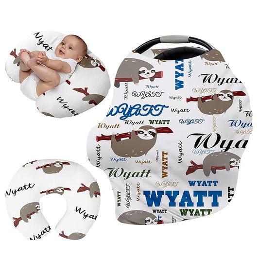 Personalised 7 in 1 Car Seat Cover for Girls and Boys - Multipurpose Breast Feeding Cover, White Sloth Print Nursing Cover, Grocery Cart Cover - Birthday Gift for Babies(27"x29")