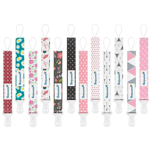 Smlpuame Pacifier Clip Girl,12 Pack Stylish Binky Clips Strap for Baby Girls,Paci Holder with Clip Lightweight Universal Fits Most Pacifiers Teether Toy Teething Ring Soothie,Baby Gifts