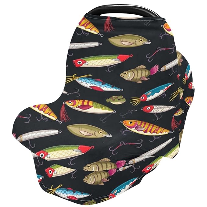 Colorful Fishing Lures Baby Car Seat Covers Colorful Fish Carseat Canopy Soft Infant Stroller Cover Nursing Breastfeeding Covers for Girls Boys Newborn Fit Summer Spring Autumn