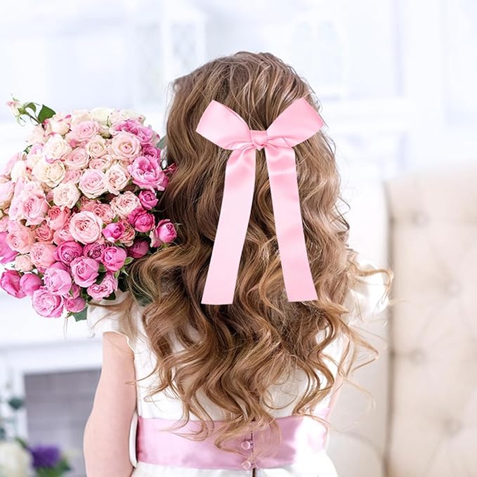 2-Pack Long Satin Ribbon Hair Bows for Girls – Elegant Silk Hair Clips for Toddlers, Infants, Teens & Kids - Pink