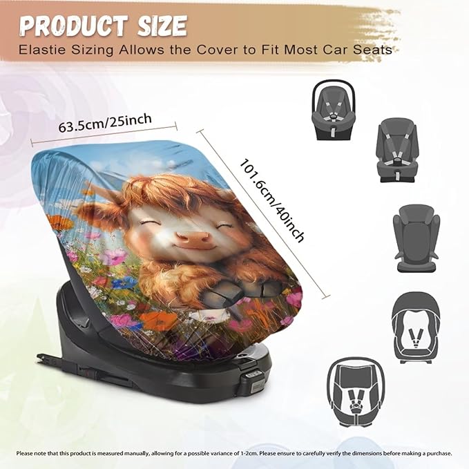 XYZCANDO Baby Highland Cow Infant Car Seat Cover Cartoon Summer Carseat Cover Protect from Sun/Hot Days Portable Baby Car Seat Shade Cover Elastic Infant Car Seat Protector Gift for Her