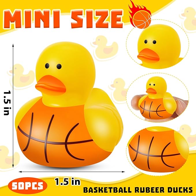 Deekin Rubber Ducks 2 Inch Bulk Sport Party Favors for Team Events Decorations Birthday Party Supplies Club Player Gift(50 Pcs,Basketball)