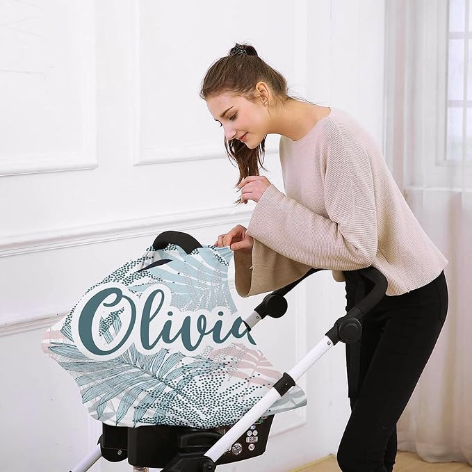 Custom Name Car Seat Canopy - Baby Car Seat Covers, Infant Stroller Cover, Grey Leaf Carseat Canopy Christmas Birthday Gifts for Girls and Boys