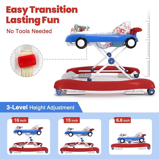 5-in-1 Convertible Baby Walker with Steering Wheel Music Activity Center – Infant Rocker, Jumper, Push Walker, Bouncer & Feeding Foldable Walker for Ages 6-18 Months Boys Girls (Red Blue)