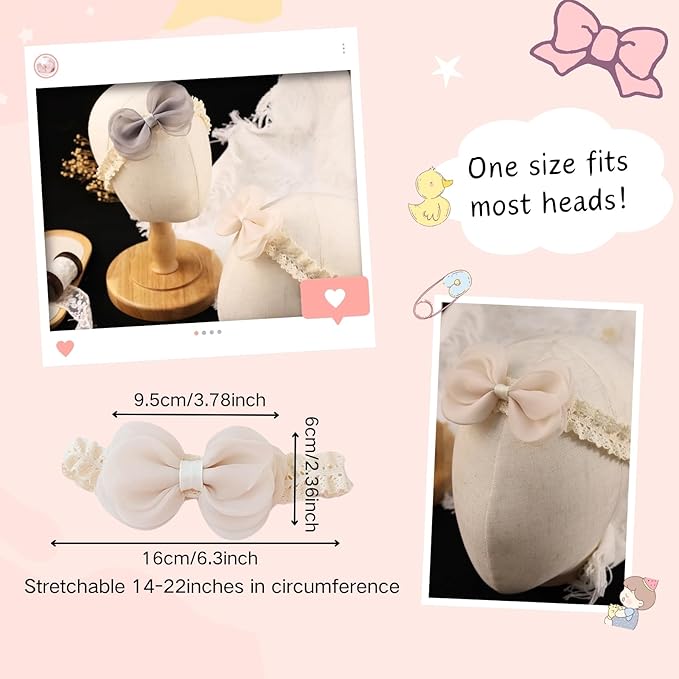 Cute Lace Bow Baby Girls Headbands Large Knot Hair Band Soft Chiffon Hairband Elastic Shower Hair Accessories for Newborn Infant Toddler Kids (Off White C, Elastic)