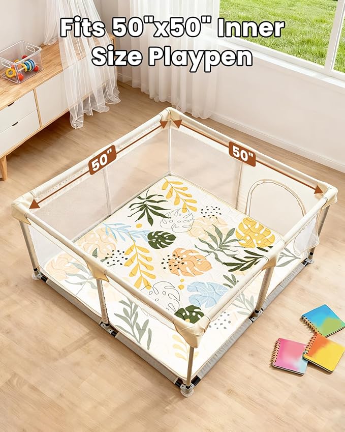 Baby Play Mat for Floor, Portable 50x50 Thickened Foam Playpen Mat, Foldable for Easy to Store, Baby Tummy Time Playmat, Non-Slip, Carring Handle for Outdoor Use(Leaf)