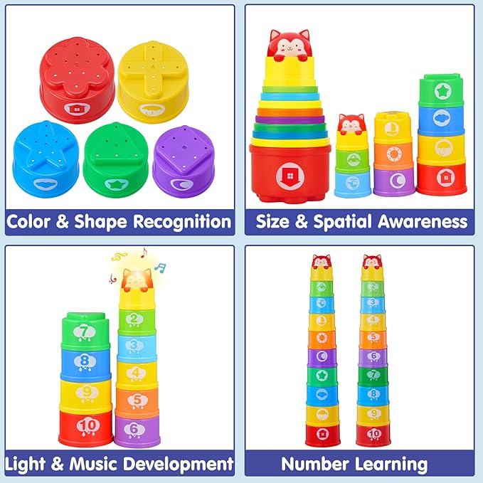 WEEJOYGAM Baby Stacking Cups, Nesting Stacking Toys for Toddlers 1-3 with Light and Sound, Montessori Toys for 1 Year Old Babies 6-12 12-18 Months Easter Gift Color Stack Bath Beach Blocks Rainbow Set