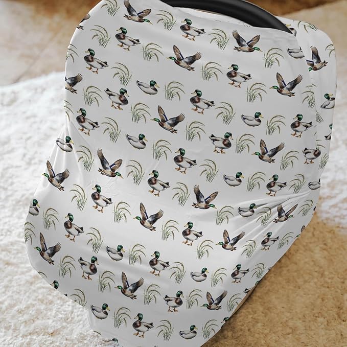 Vintage Mallard Duck Baby Car Seat Covers Green Ducks Lake Stretchy 5-in-1 Cover Adjustable Infant Carseat Cover Canopy Hunting Ducks Breathable Nursing Cover-Up