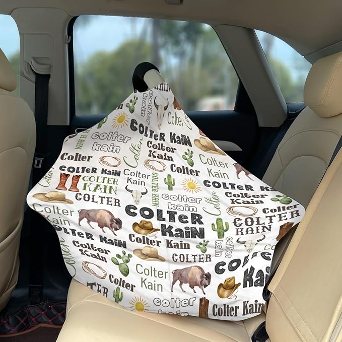 Personalized Baby Car Seat Cover Stroller Canopy: Custom Name Newborn Baby Boy Girl Elastic Cowboy Nursing Cover for Moms First Birthday Gift Animals(one Size)